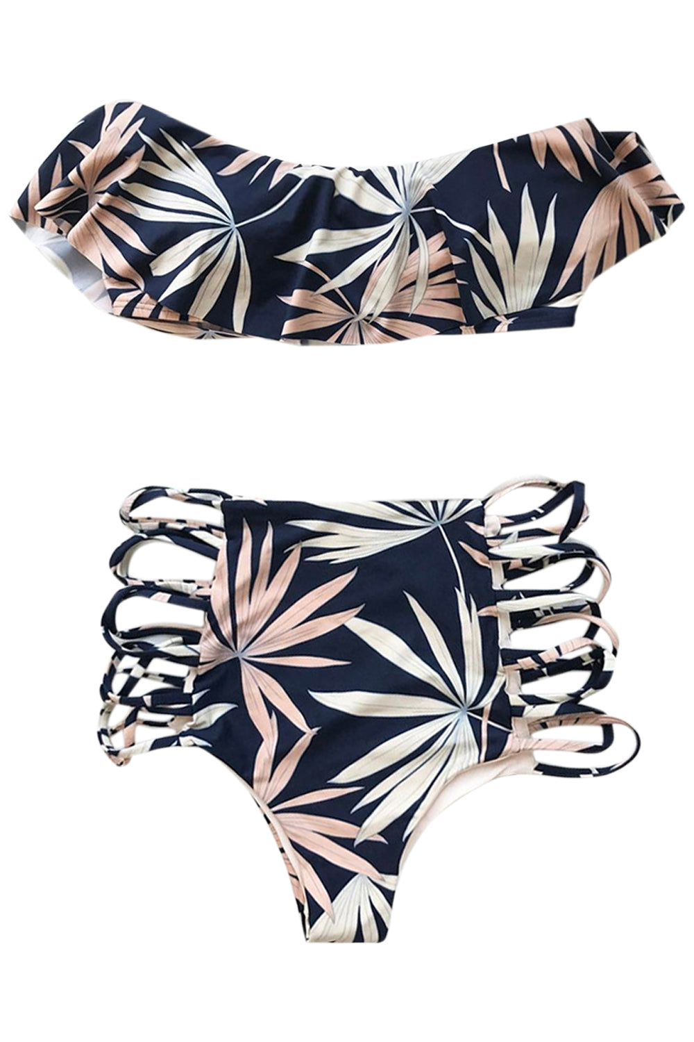 Iyasson Leaves Print Falbala Tummy Control Swimwear