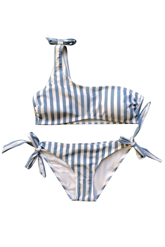 Iyasson Sky Blue Stripe Printing One-shoulder Bikini Sets