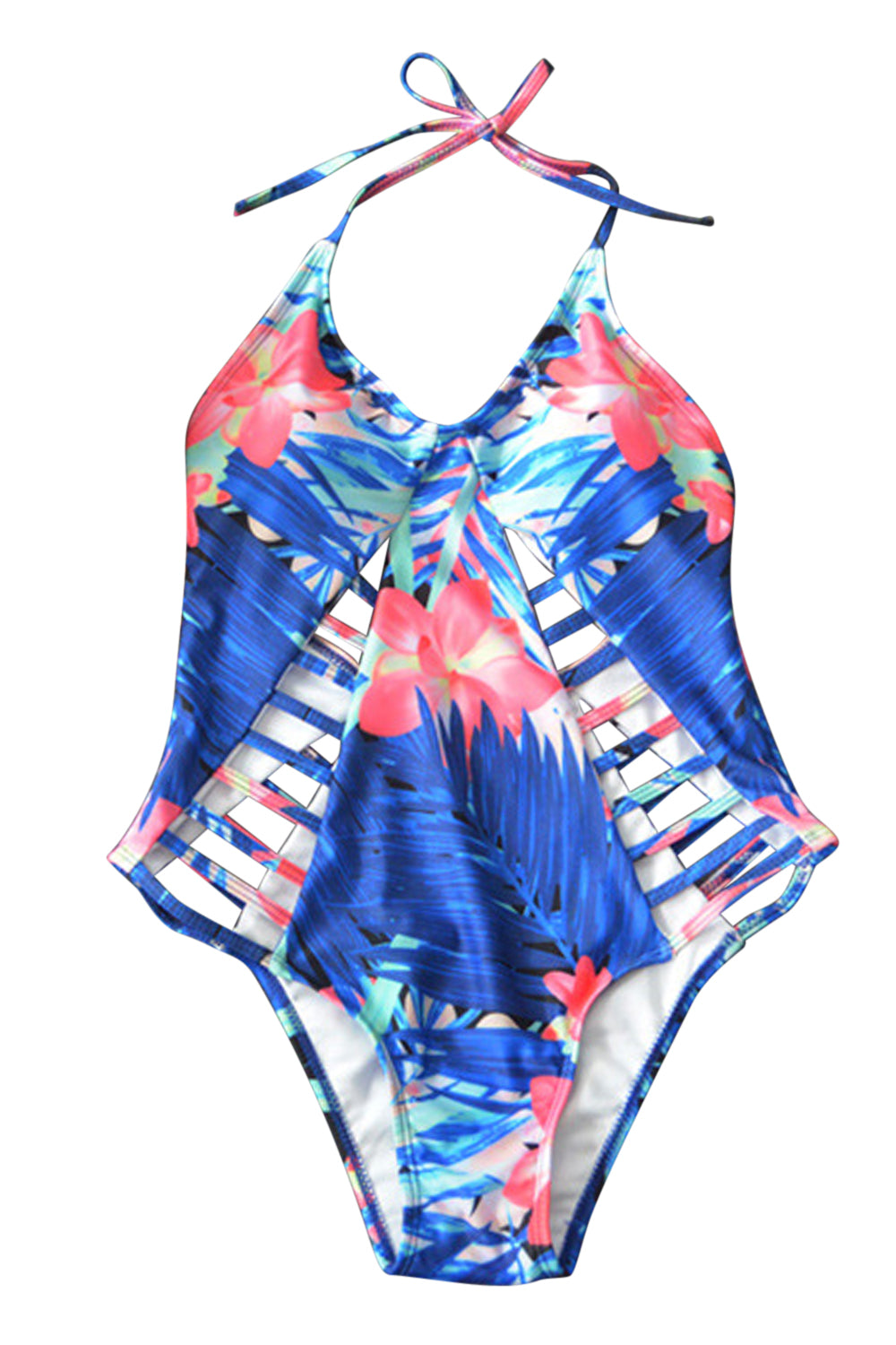Iyasson Blue Floral Printing Halter One-piece swimsuit