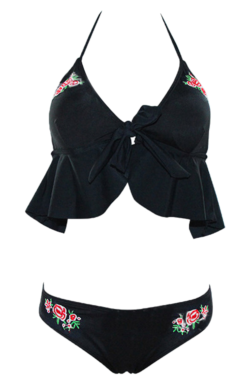 Iyasson Black Embroidery Falbala Halter Bikini Sets