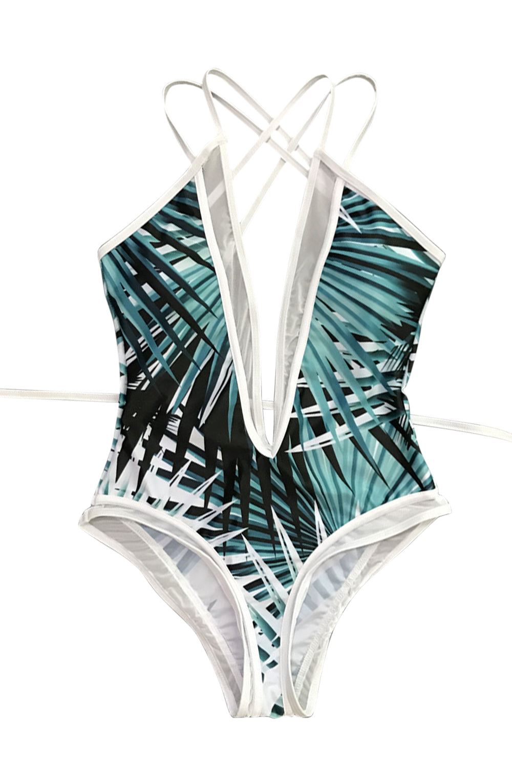 Iyasson Tropical Palm Leaves Printing Deep V-neckline One-piece Swimsuit