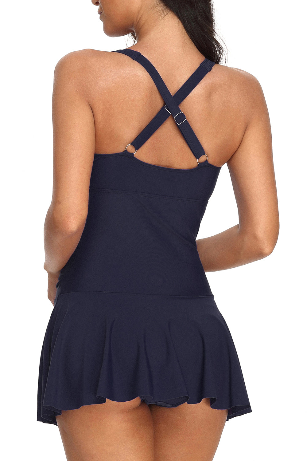 Women's One Piece Swimdress Criss Cross Back Tummy Control Ruched Bathing Suit