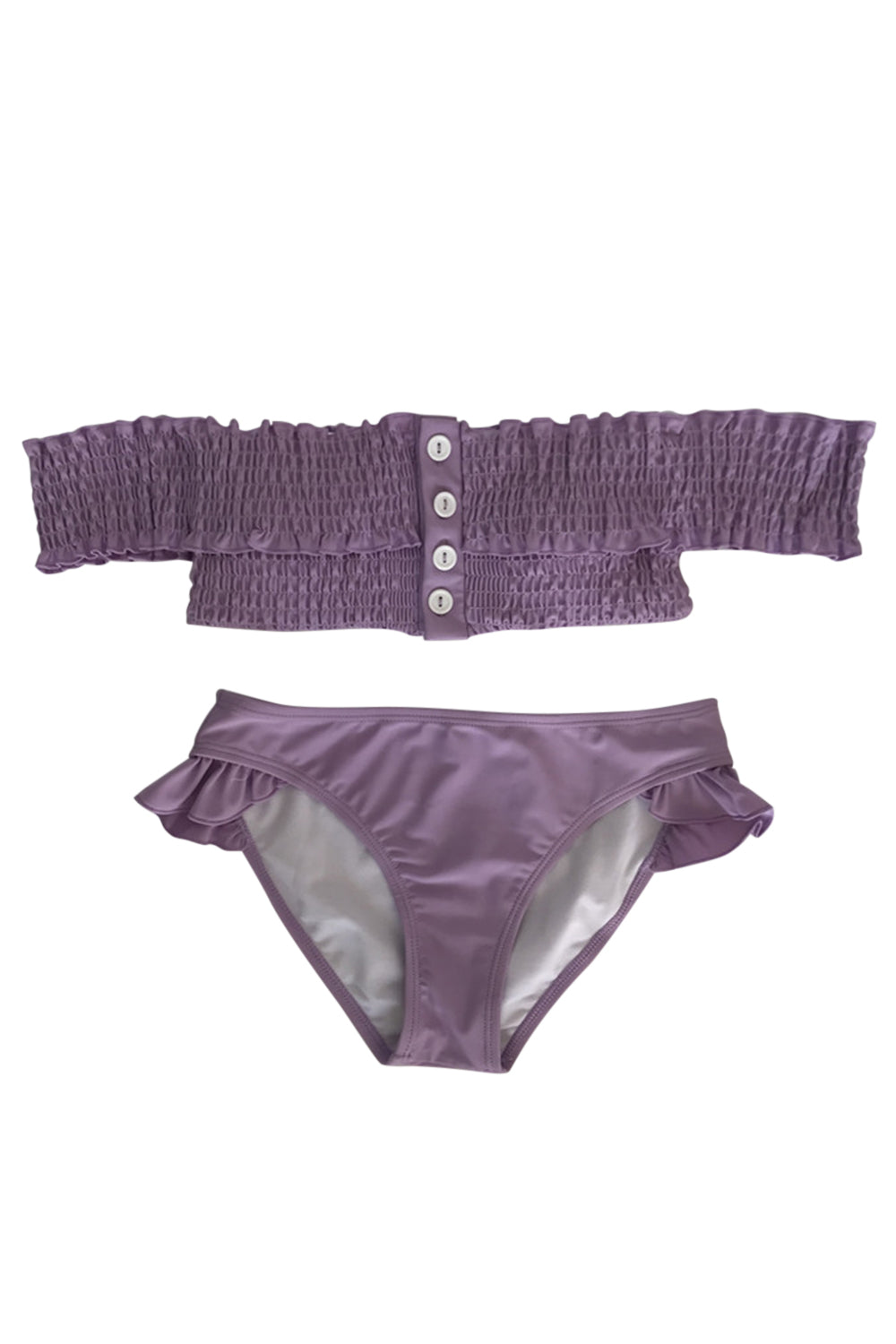 Iyasson Purple Off-the-shoulder Shirring Bikini Sets