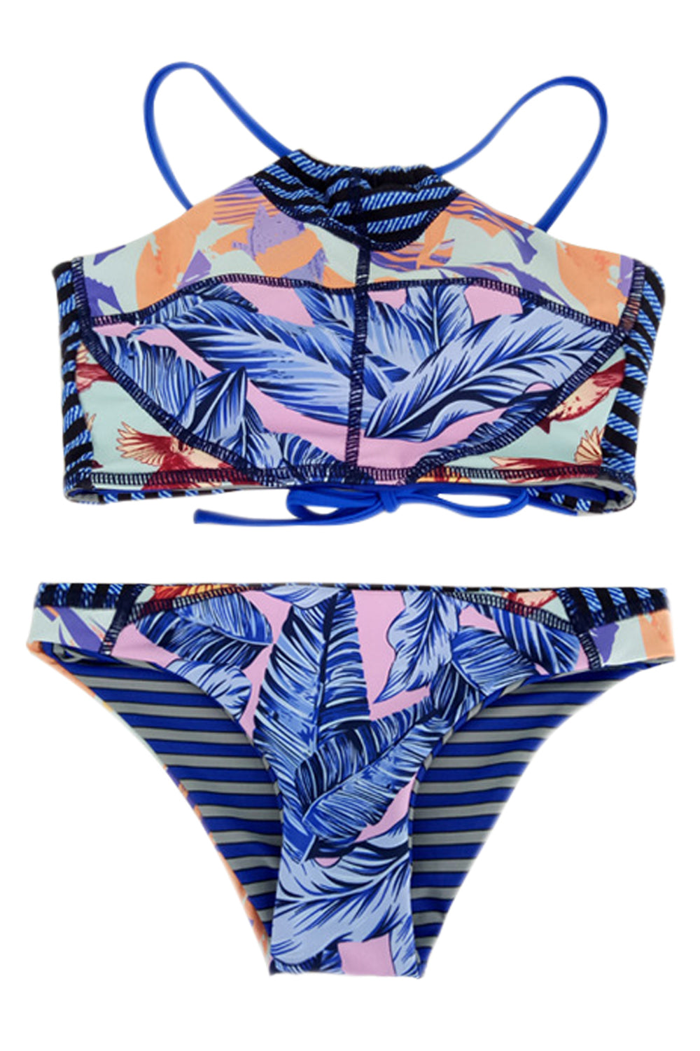 Iyasson Blue Print and Stripe Design Bikini Sets