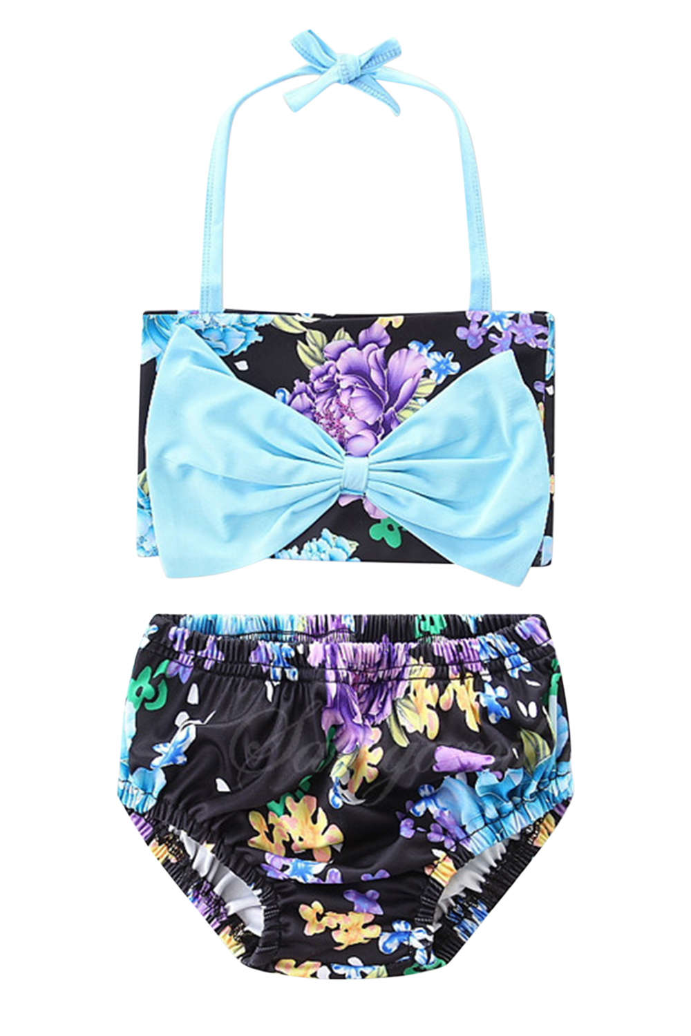 Iyasson Floral & Stripe Splicing Printing Halter Baby Girl Swimsuit