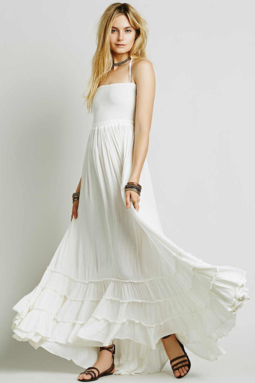 Women Boho Halter Dresses Cotton Sexy Backless flared ruffle Long Beachdress