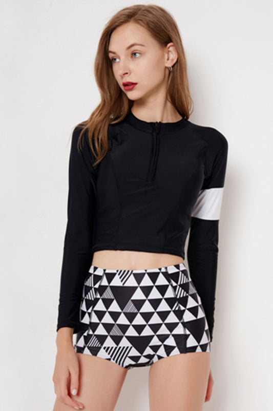 Women Vintage Long Sleeve High Waisted Surfing Swimsuit