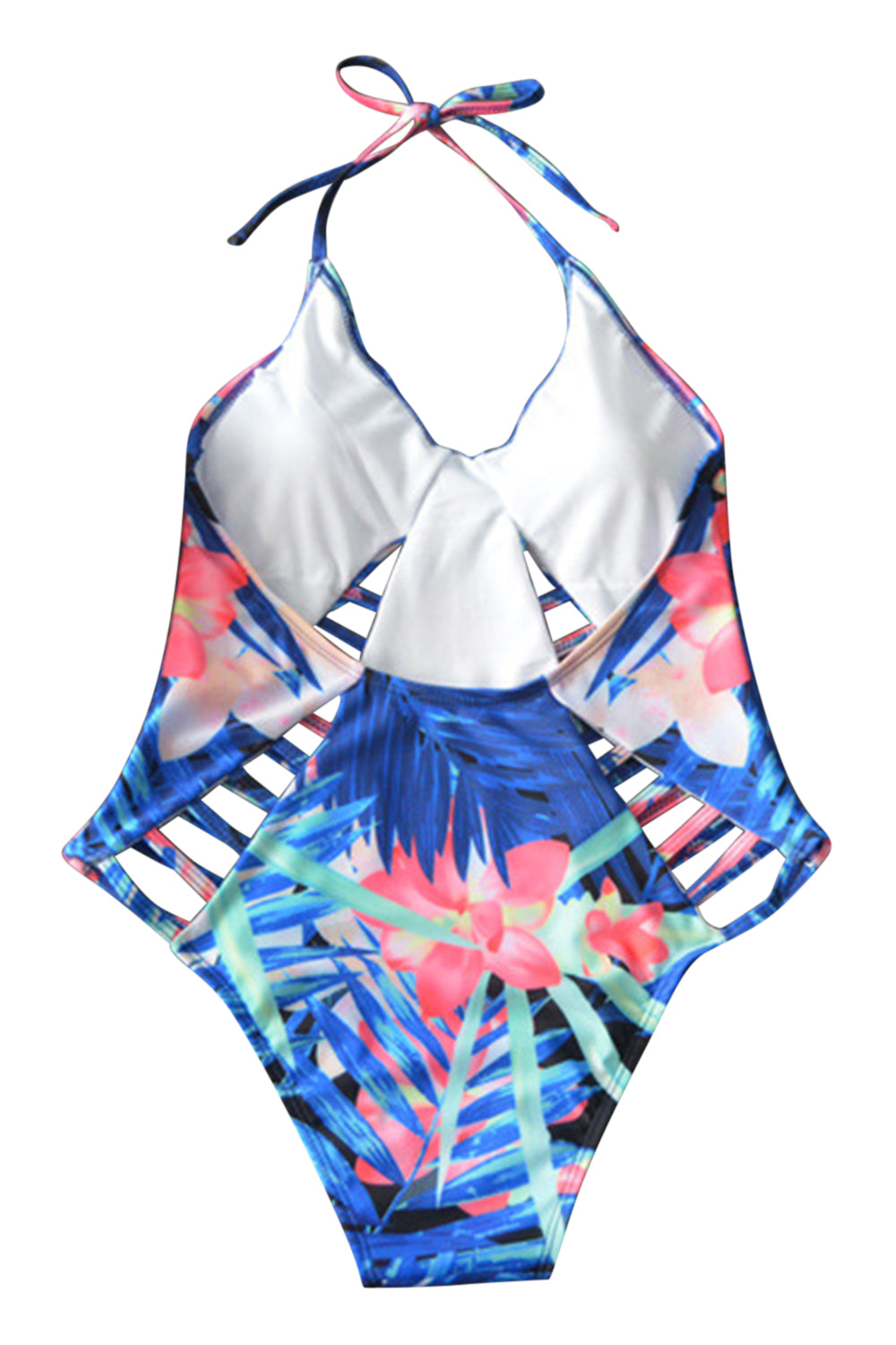 Iyasson Blue Floral Printing Halter One-piece swimsuit