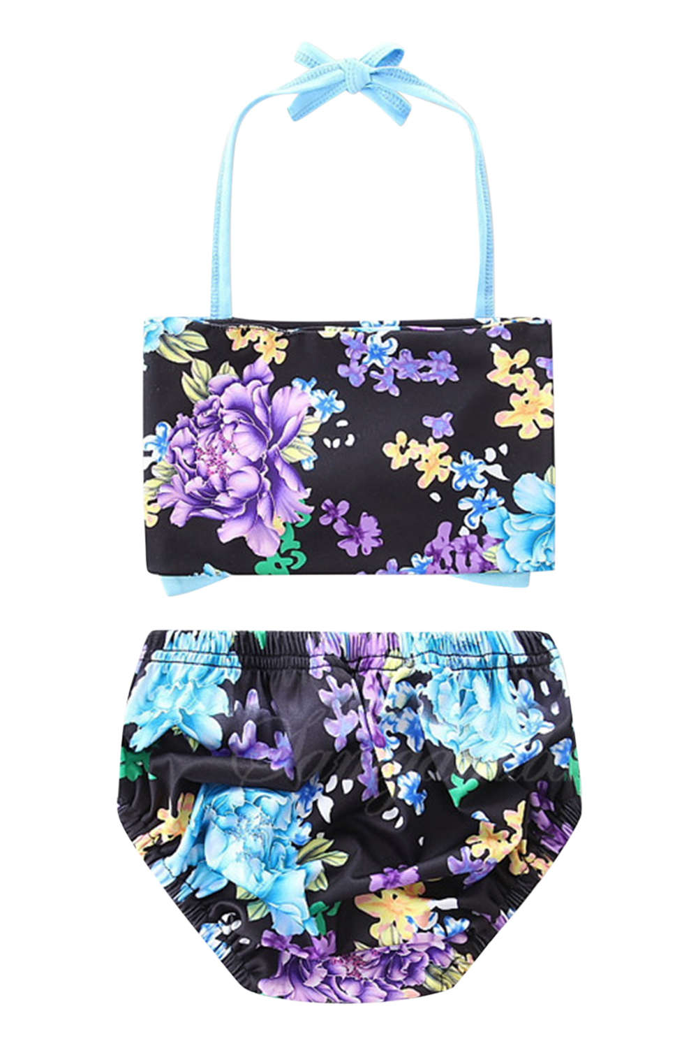 Iyasson Floral & Stripe Splicing Printing Halter Baby Girl Swimsuit