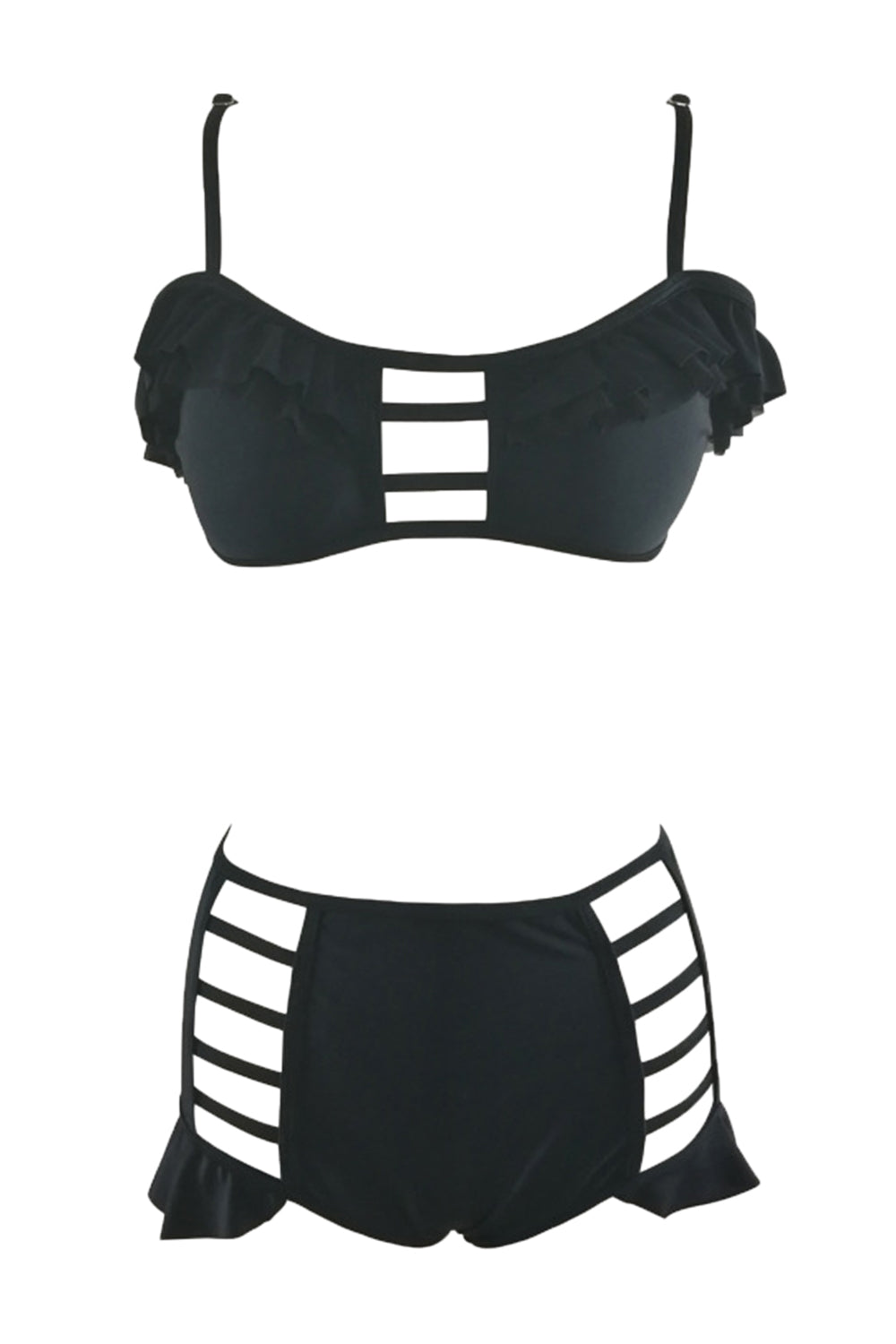 Iyasson Black Ruffles Bikini Sets With Strappy Detailing