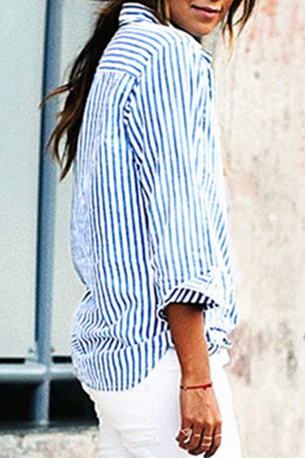 Iyasson Navy Blue Striped Long Sleeve Loose Shirt