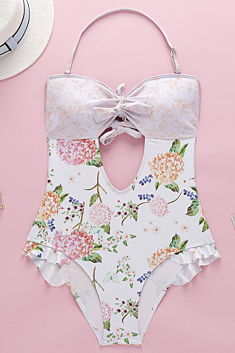 Iyasson Women Floral Print Halter Ruffle Swimsuit