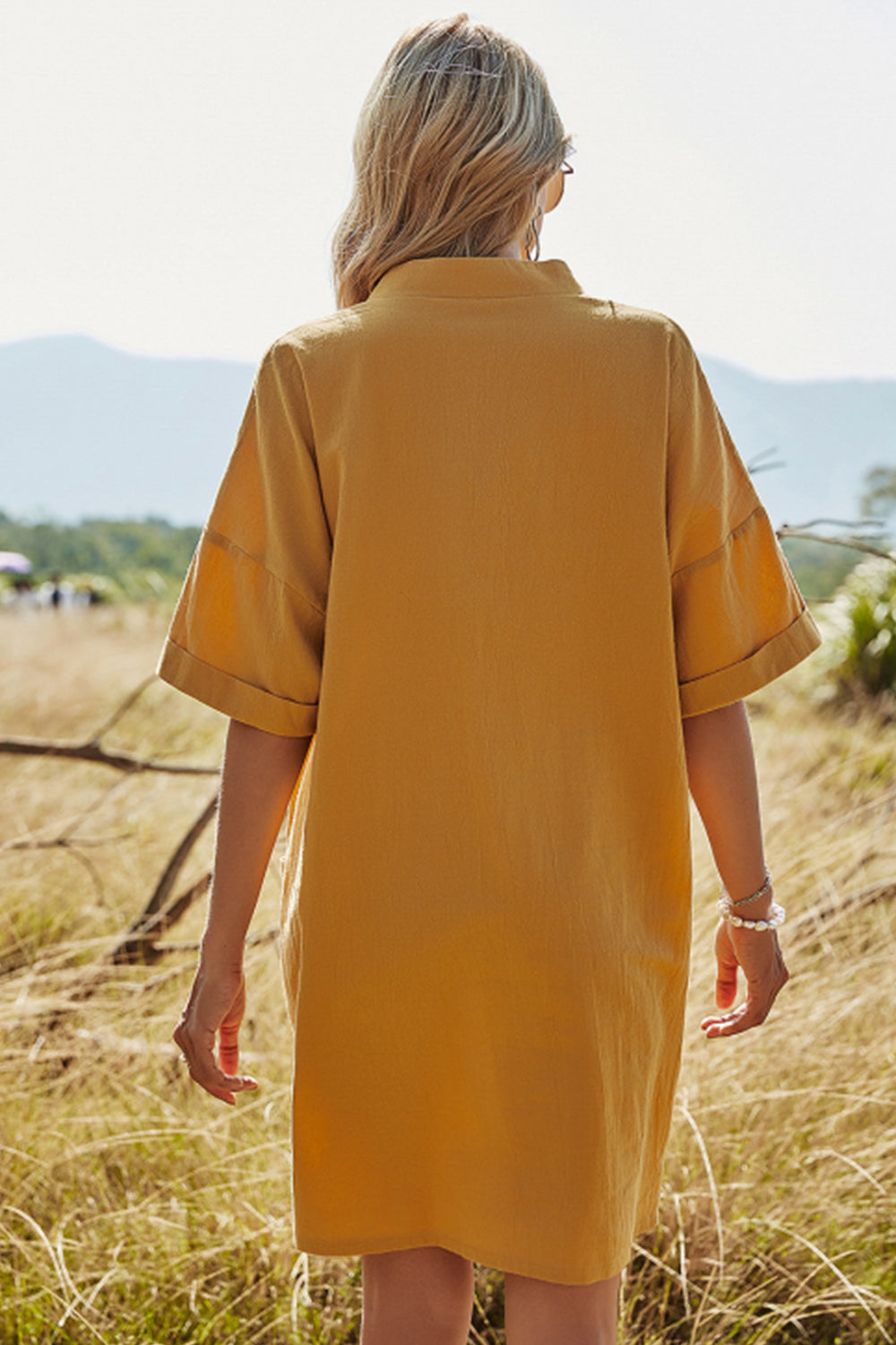 Women Solid Color V-neck A-line Loose Casual dress