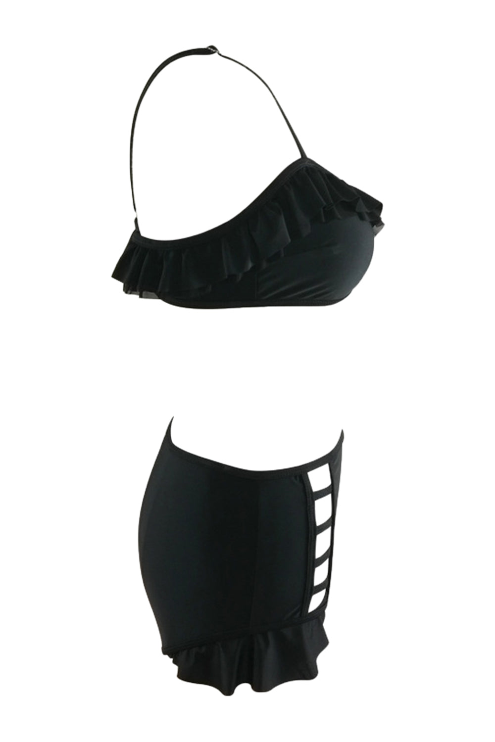 Iyasson Black Ruffles Bikini Sets With Strappy Detailing