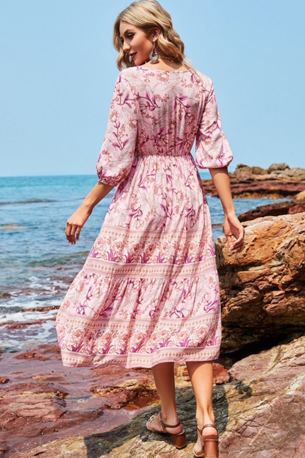 Women High Waisted V-neck Boho Beach Dress