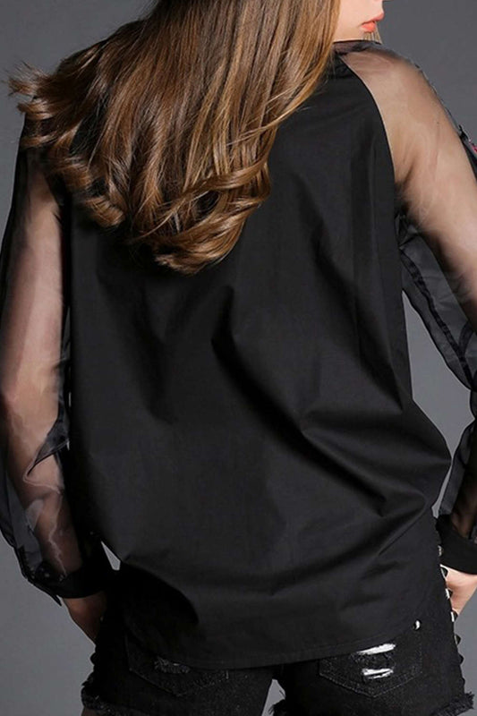 Iyasson Organza Splicing Floral Embroidery Shirt