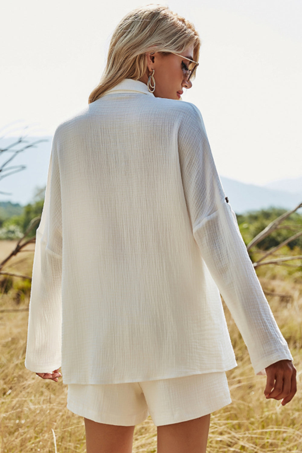 Women long-sleeved white cotton linen shorts Casual suit