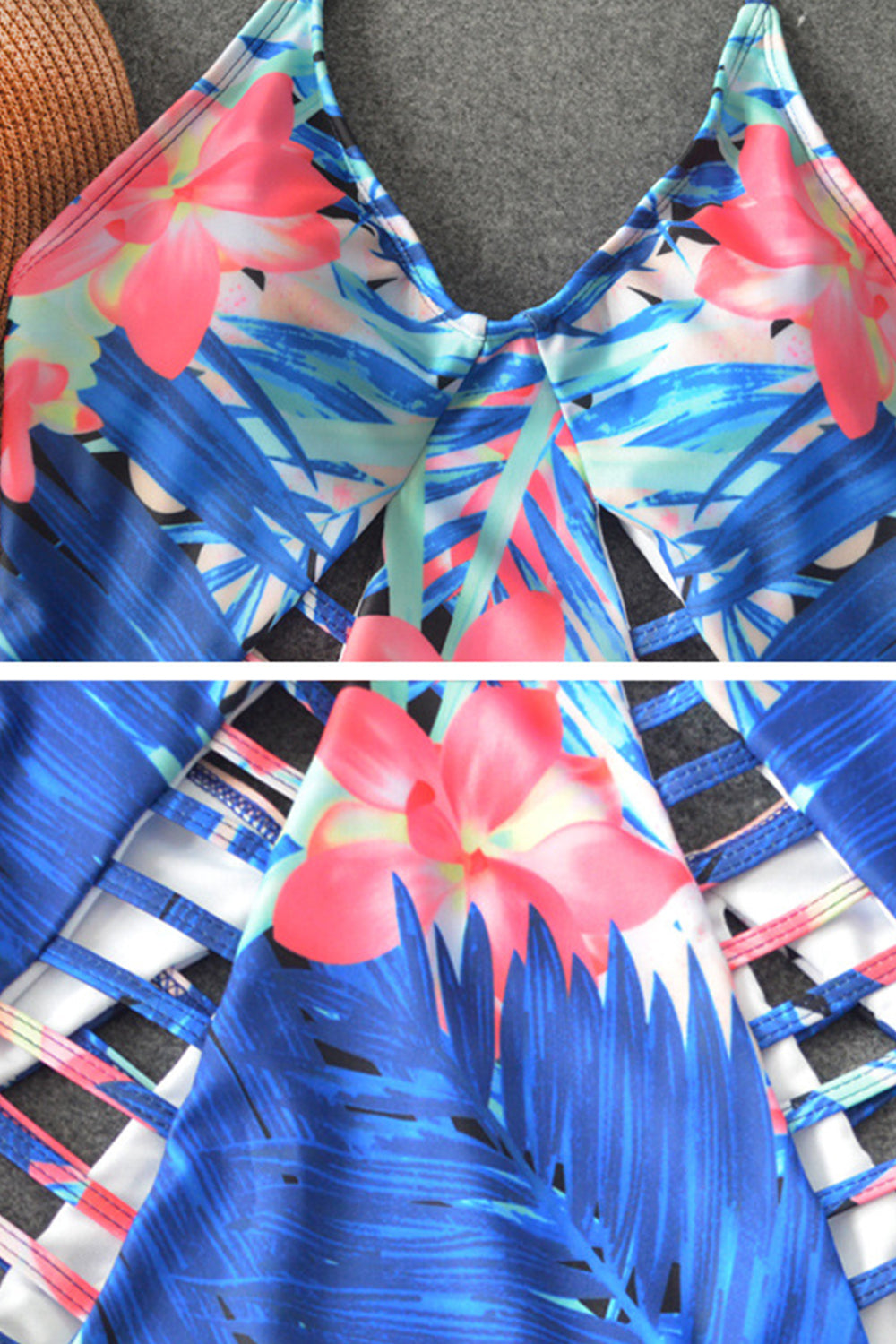 Iyasson Blue Floral Printing Halter One-piece swimsuit