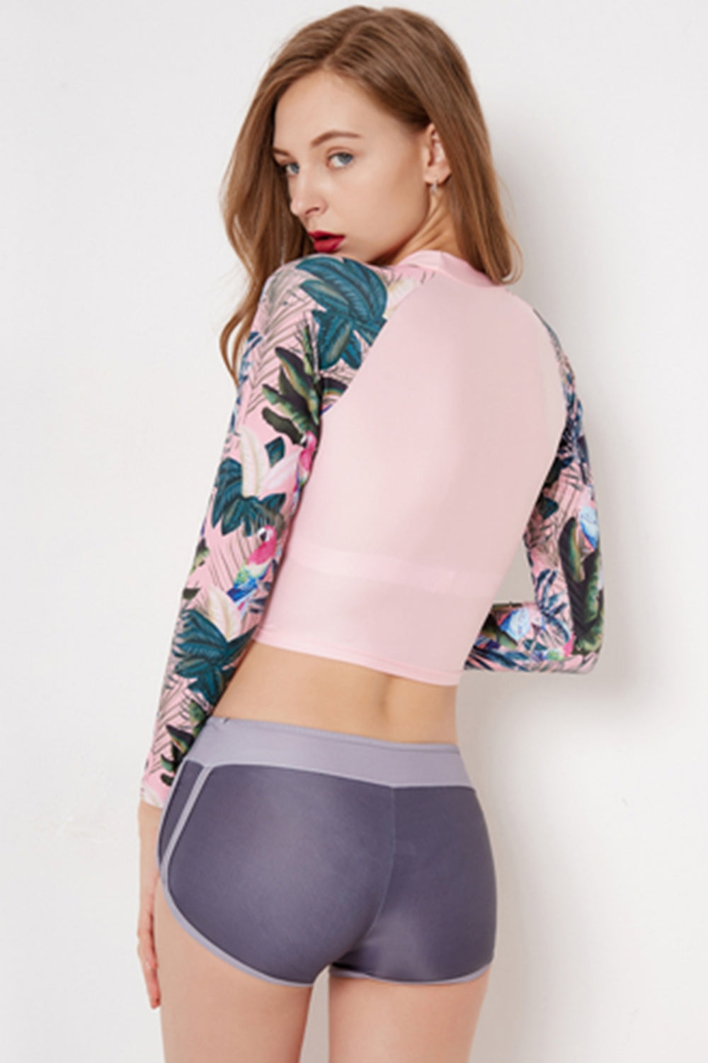 Girl Pink Long Sleeve Floral Print Surfing Tankini