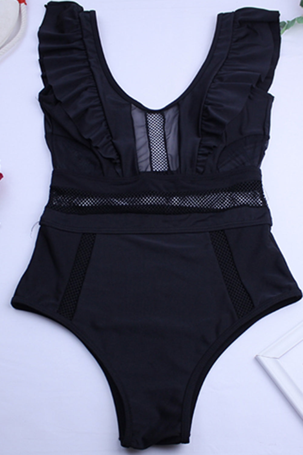 Iyasson Women Mesh Hollow Out Ruffle Swimsuit