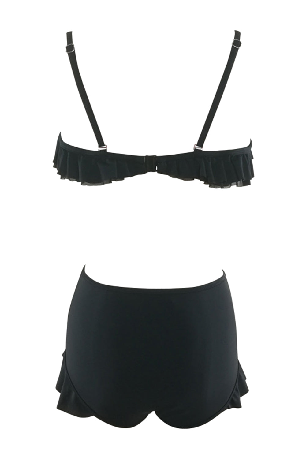 Iyasson Black Ruffles Bikini Sets With Strappy Detailing