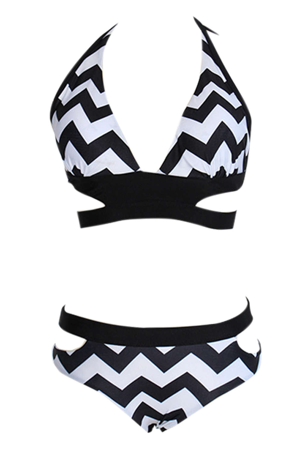 Iyasson Wave Printing Halter Bikini Top and Peek-a-boo Bikini Bottom