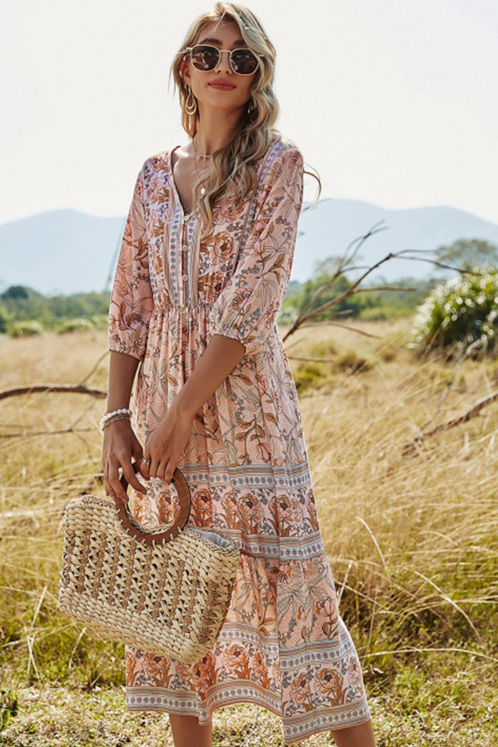 Women High Waisted V-neck Boho Beach Dress