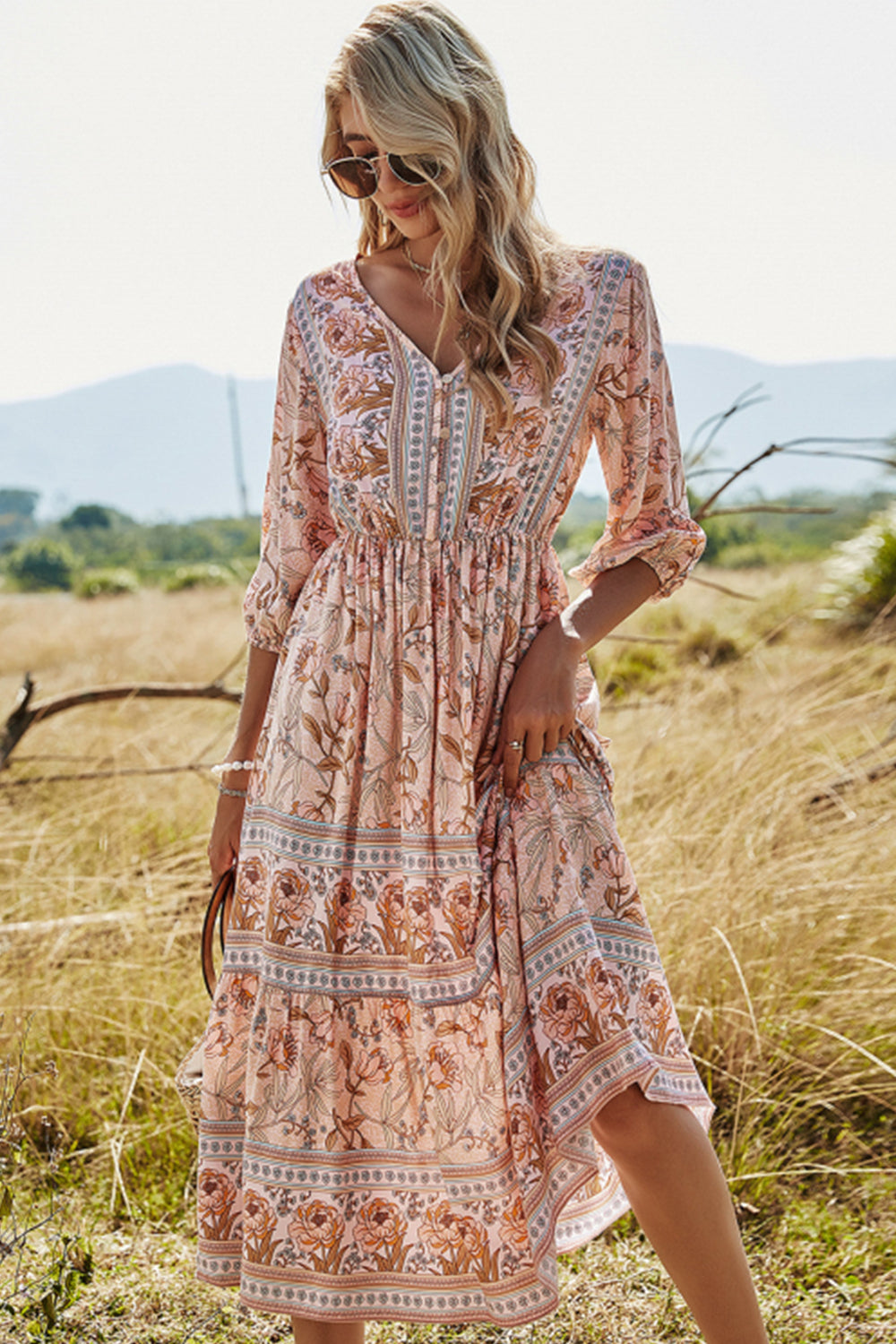 Women High Waisted V-neck Boho Beach Dress