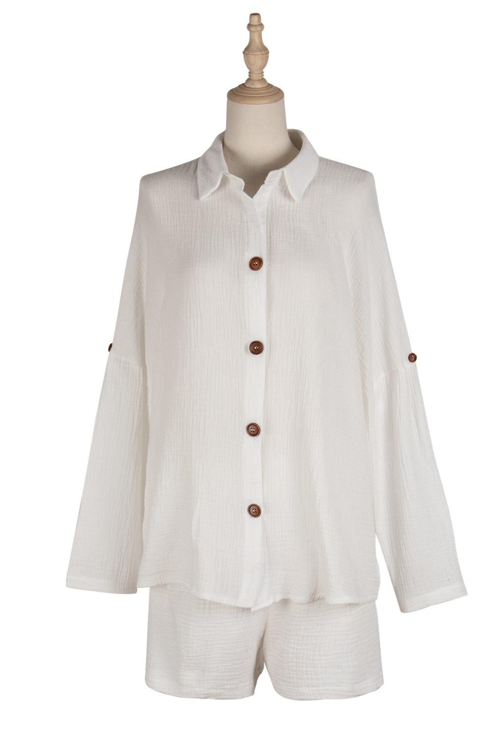 Women long-sleeved white cotton linen shorts Casual suit