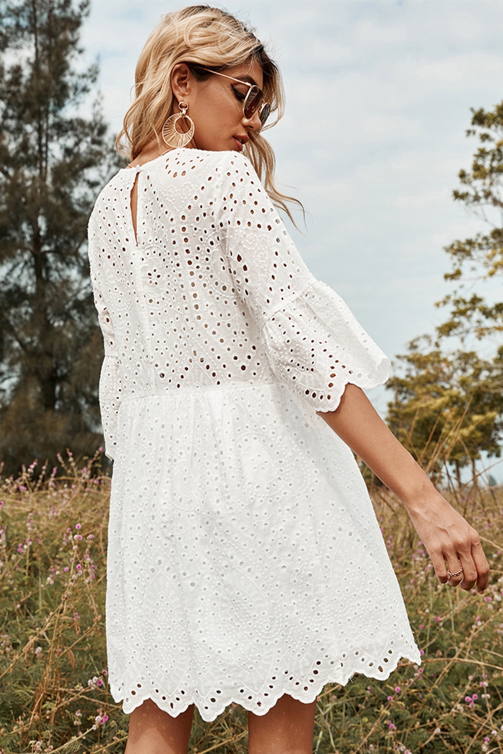 Women Round Collar White Cutout Midi Beach Dress