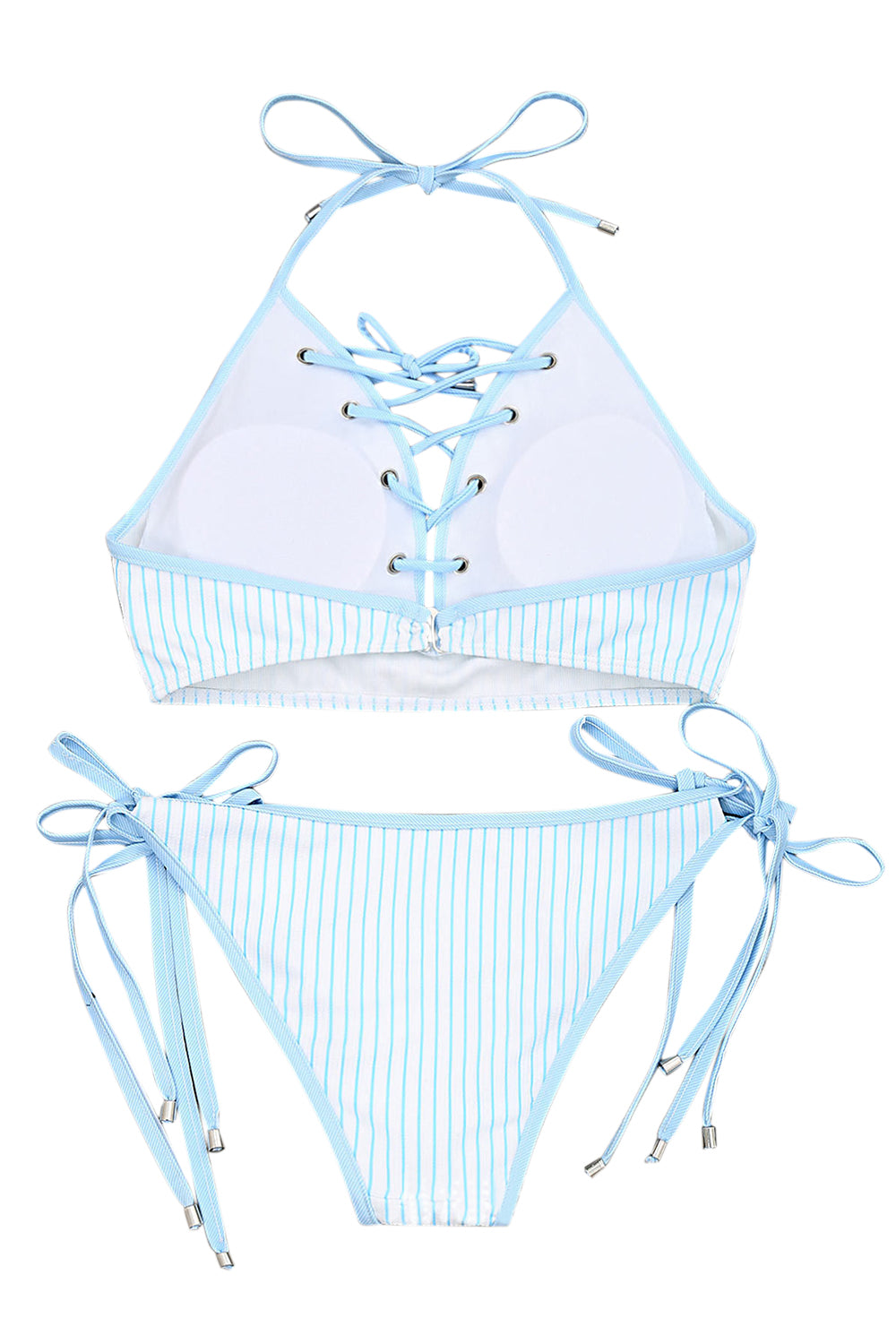 Iyasson Baby Blue Stripe Printing Halter Bikini Sets