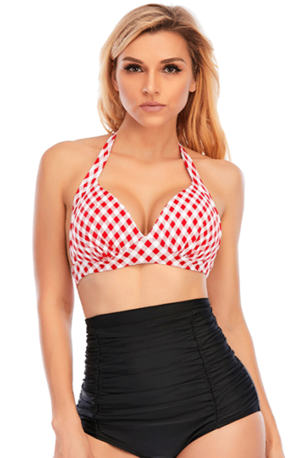 Split Straps Halter Plaid High-Waist Bikini Swimsuit