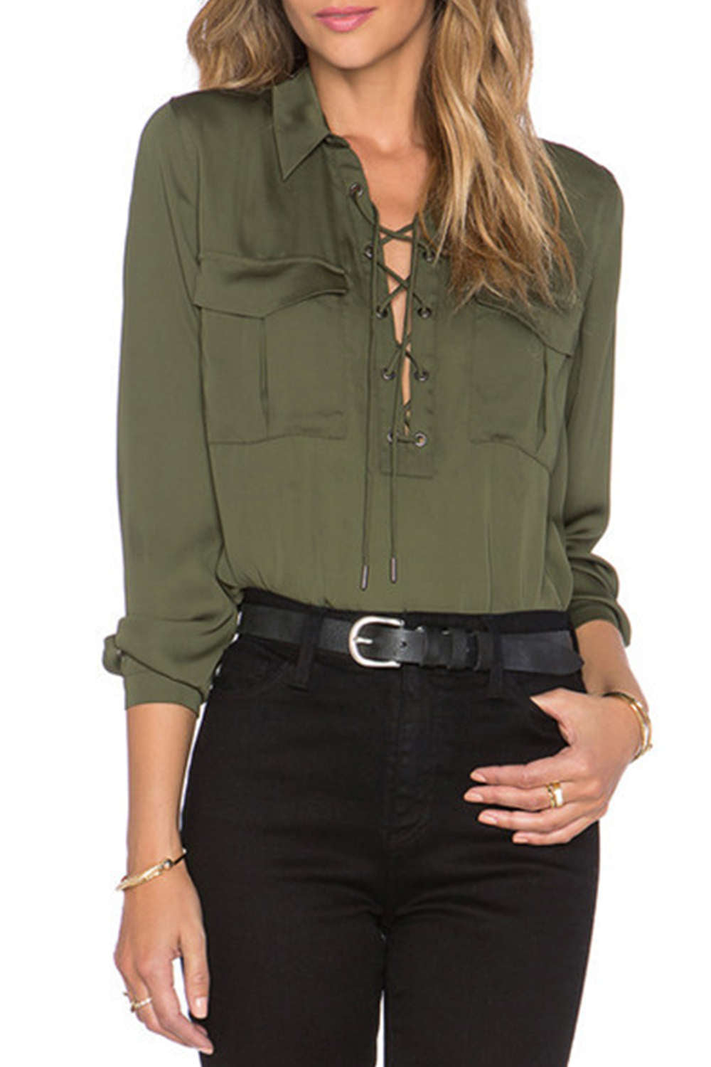Iyasson Army Green Front Cross Design Loose Shirt