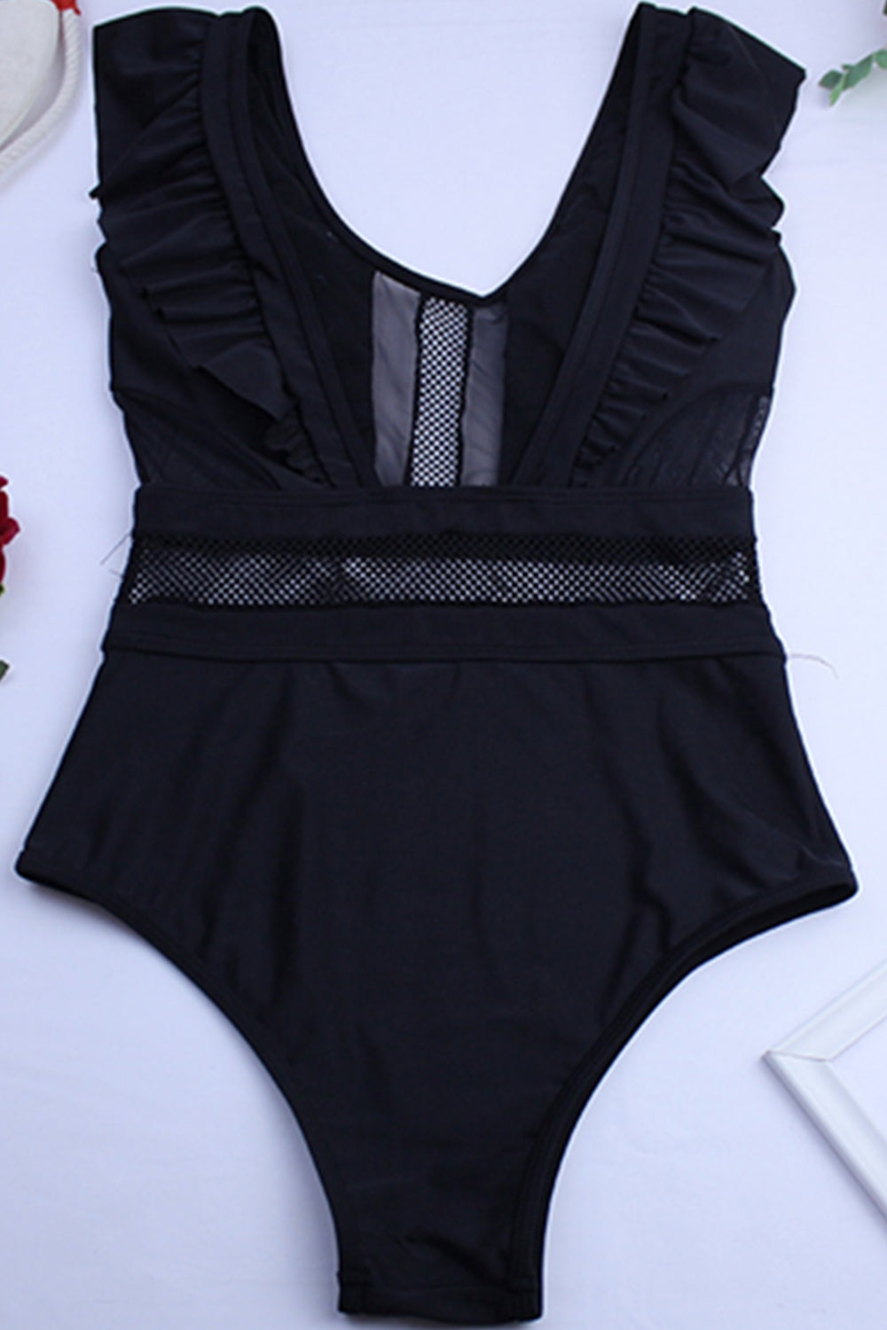 Iyasson Women Mesh Hollow Out Ruffle Swimsuit