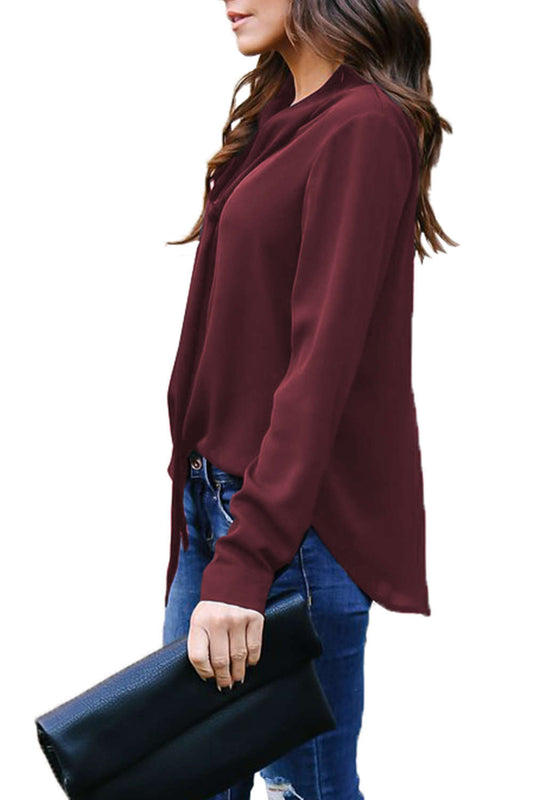 Iyasson V-neck Ribbon Tie Loose Solid Color Blouse