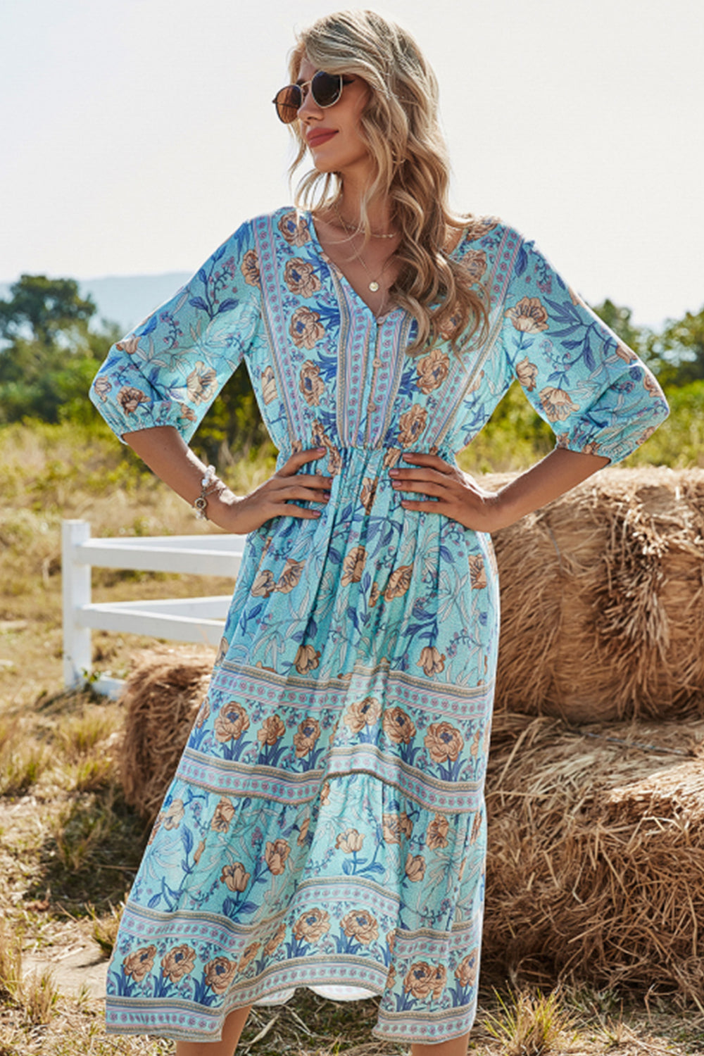 Women High Waisted V-neck Boho Beach Dress