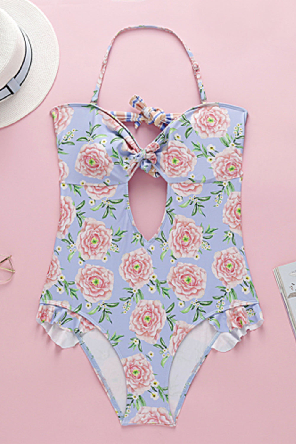 Iyasson Women Floral Print Halter Ruffle Swimsuit