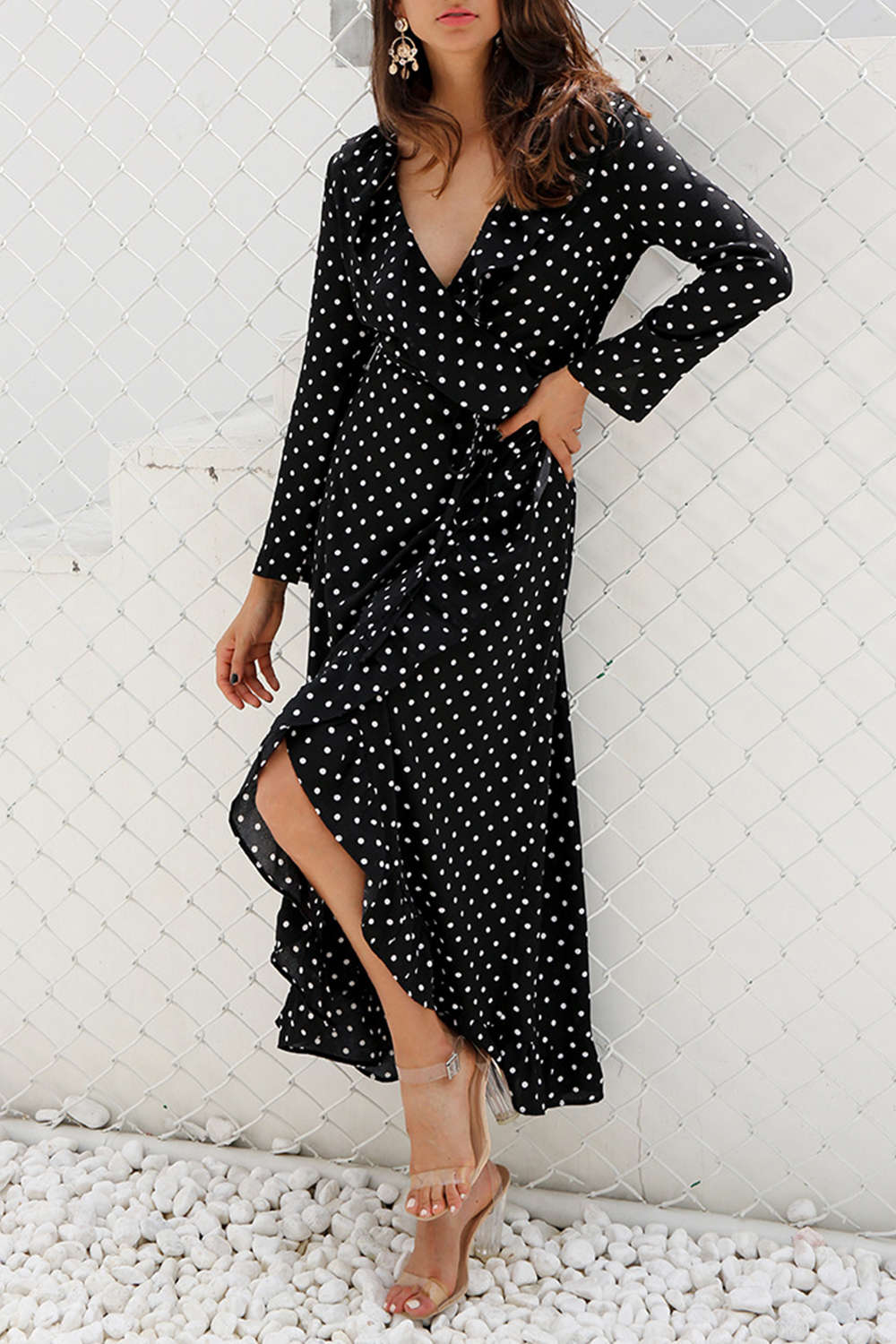 Iyasson Polka Dot Printing Ruffled Wrap Dress