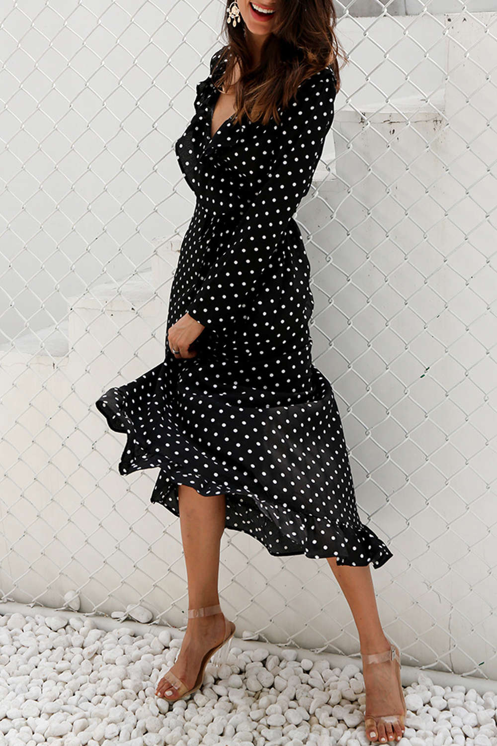 Iyasson Polka Dot Printing Ruffled Wrap Dress