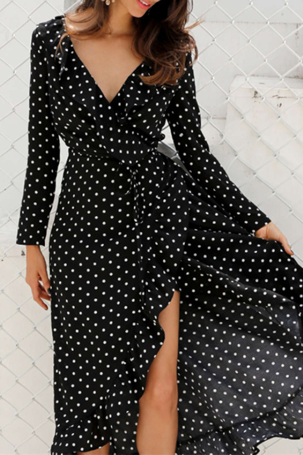 Iyasson Polka Dot Printing Ruffled Wrap Dress