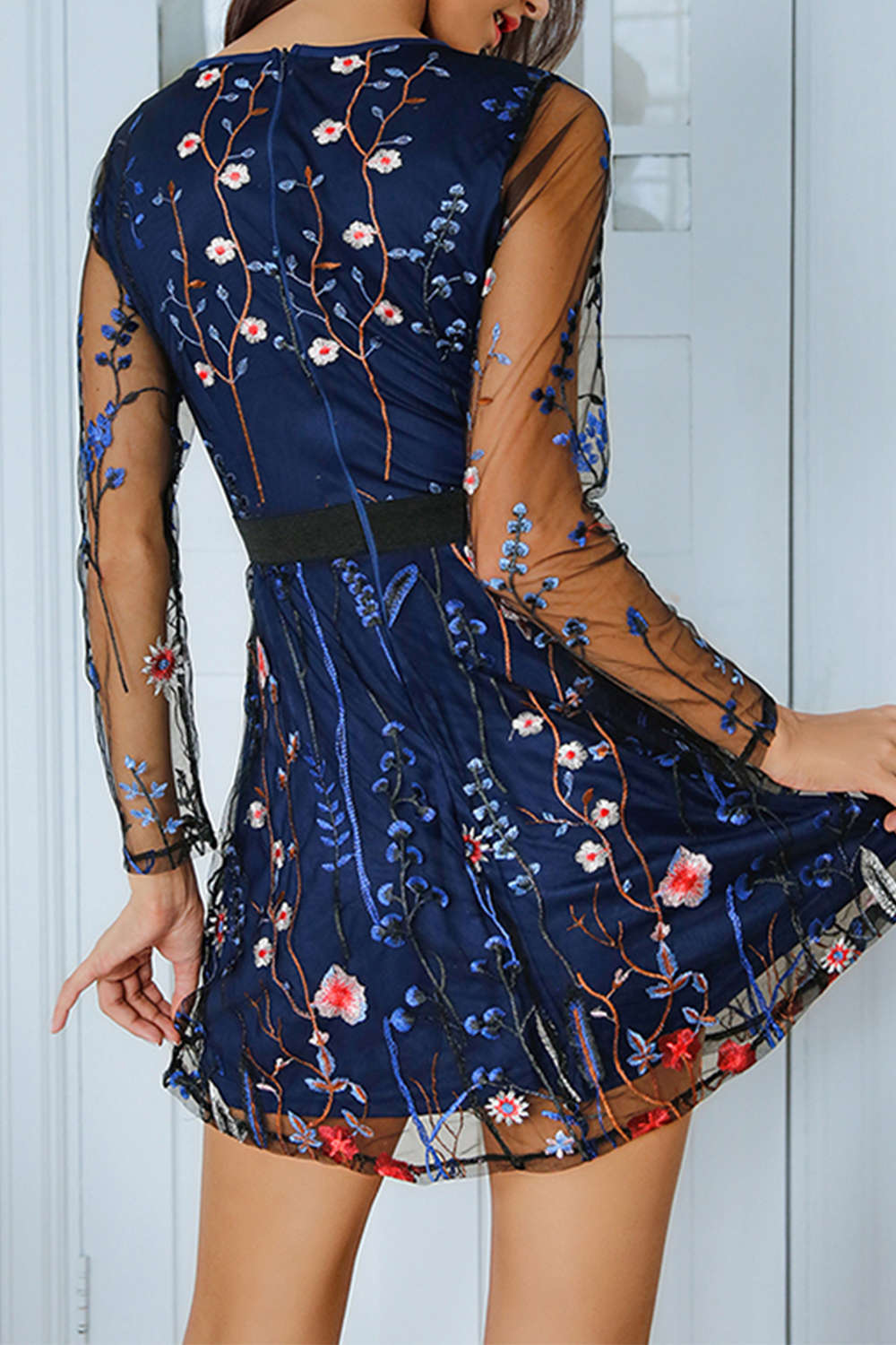 Iyasson Floral Embroidery Mesh Splicing Mini Dress