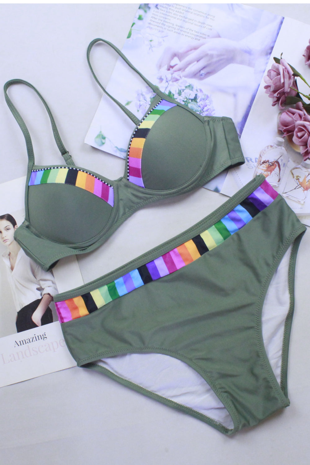 Women Sexy Black Push Up Rainbow Bikini Set