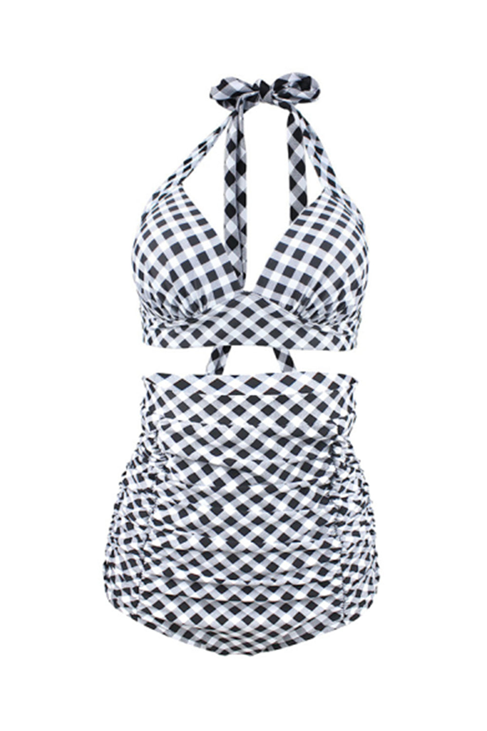 Split Straps Halter Plaid High-Waist Bikini Swimsuit