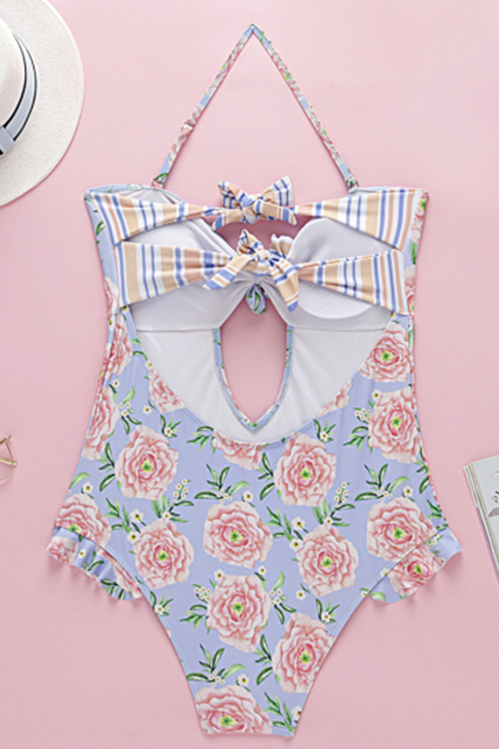 Iyasson Women Floral Print Halter Ruffle Swimsuit