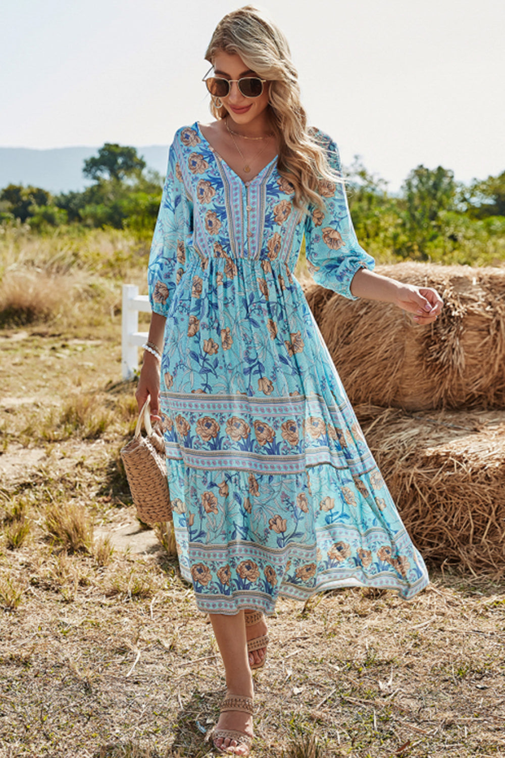 Women High Waisted V-neck Boho Beach Dress