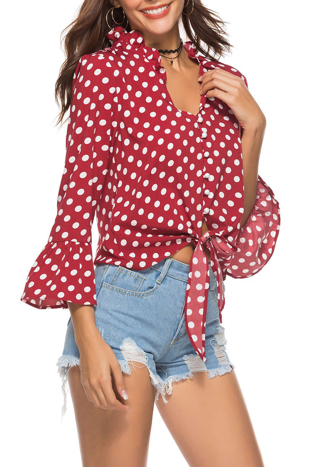 Iyasson Polka Dot Printing Bell-Sleeve V-neck Blouse
