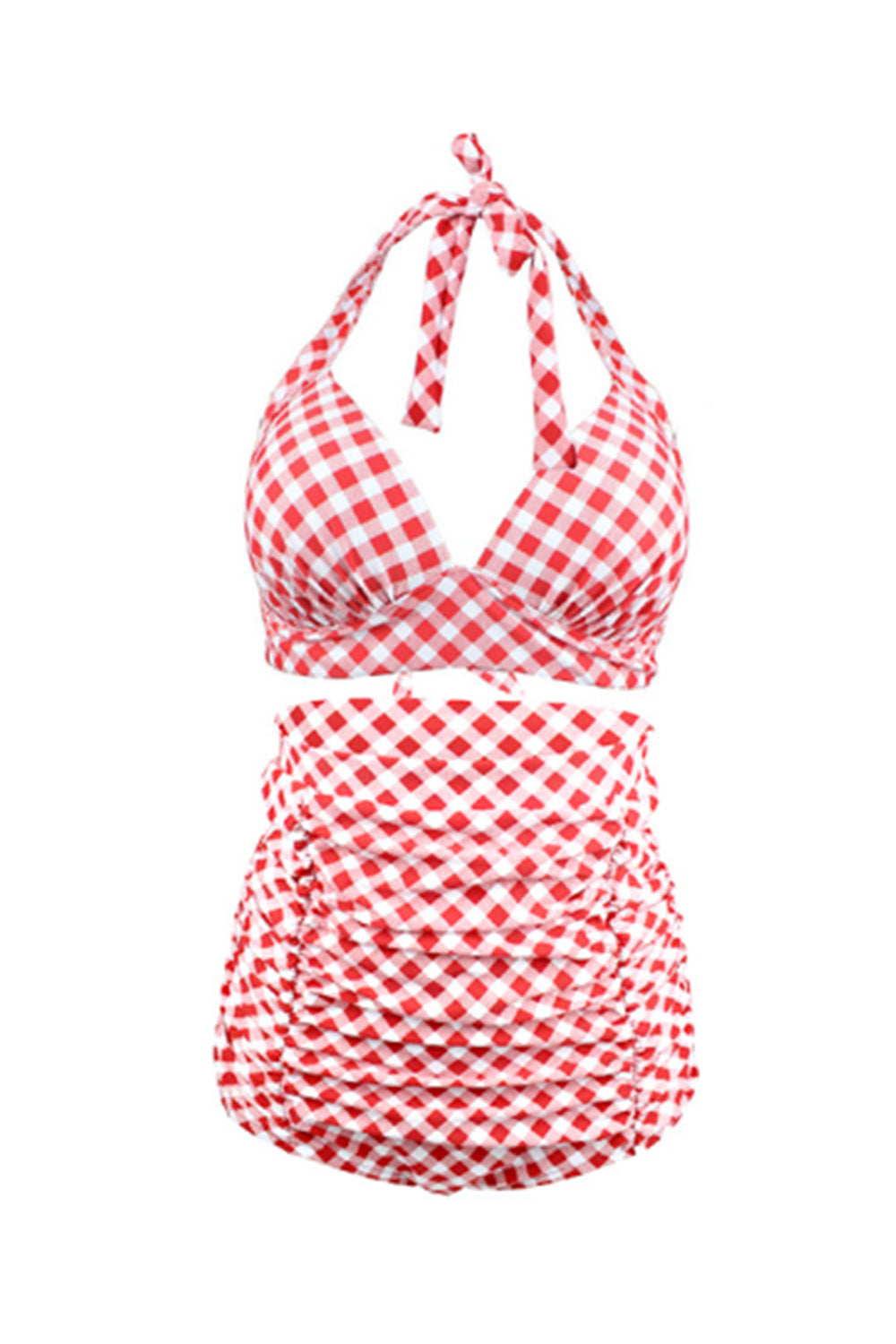 Split Straps Halter Plaid High-Waist Bikini Swimsuit