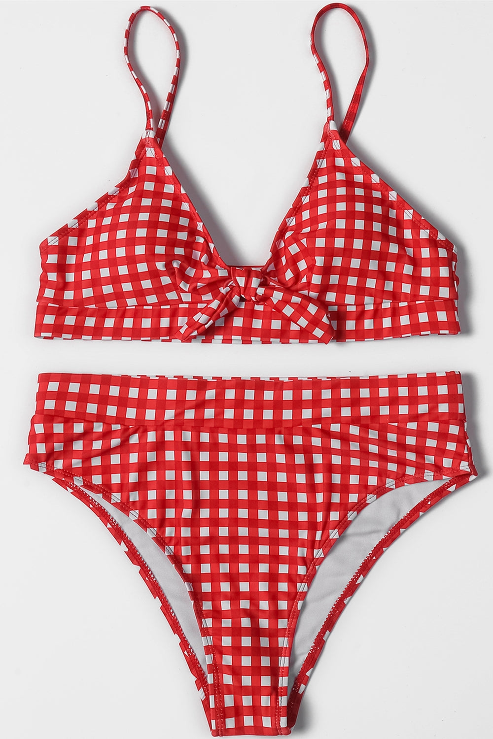 Girls Vintage Plaid Bow High Waisted Bikini