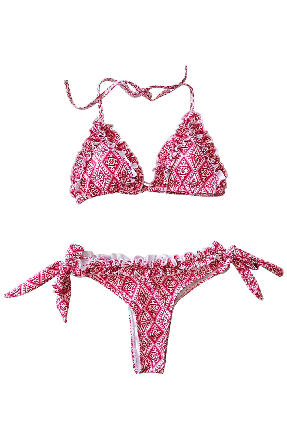 Iyasson Floral Ruffled Trim Halter-neck Bikini Set