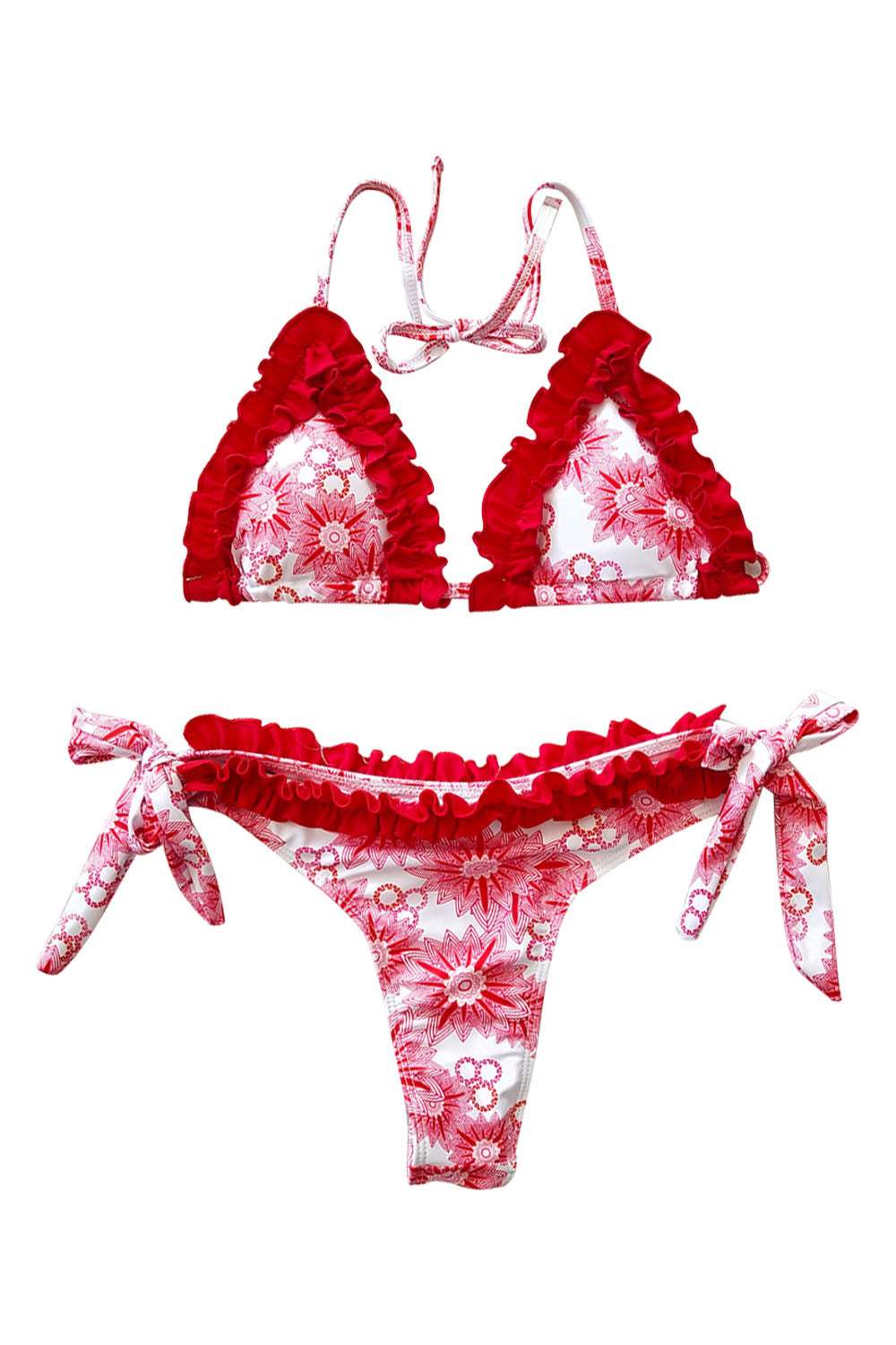 Iyasson Floral Ruffled Trim Halter-neck Bikini Set